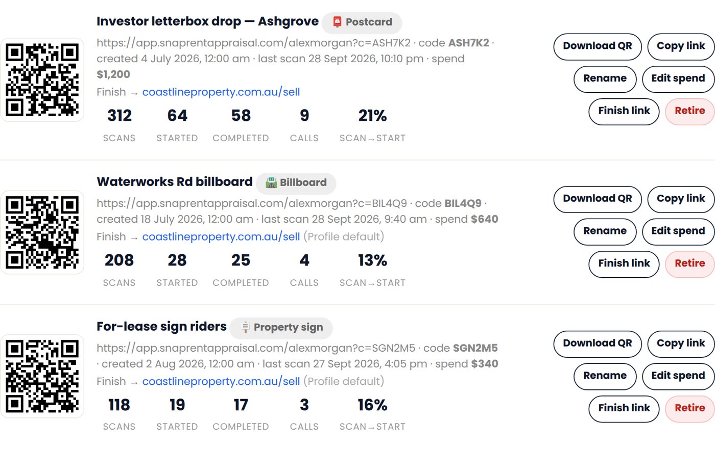 Campaigns · one QR code per campaign